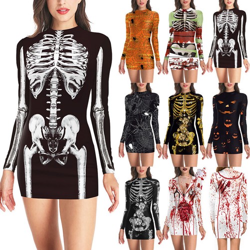 OFF WHITE Vestito Bodycon Scheletro Donna Gotico Mini Halloween Maniche Lunghe Vestiti Festa Q