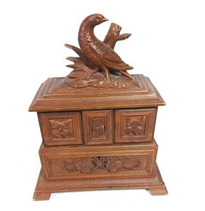 Edelweiß geschnitzte Holz Schmuckschatulle Vogel Blume antik 1910er 1920er Queen City - Bild 1 von 12