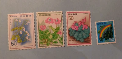 Sello-4-JAPÓN Scott #1327 sello arco iris + 1978 Butterwort, Cyclamen MNH FLORAL Foto 1 de 2