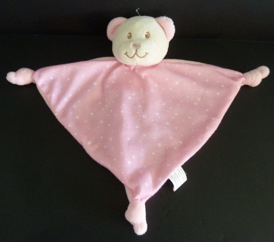 64. DOUDOU PLAT TRIANGLE BABOU OURS ROSE BLANC ECRU ETOILES NEUF* - Photo 1/4