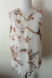 Jieru Sheer Lined Sleeveless Top V-Neck Multicolor Birds & Vine Print Women Sm - Picture 1 of 14