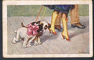 ITALIAN COMIC POSTCARD TWO PUPPIES IN LOVE - LOVE THOSE BOOTS C 1920'S Bertiglia - Picture 1 of 2