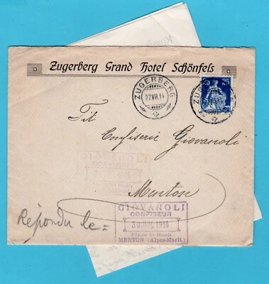 SWITZERLAND Hotel cover 1914 Zugerberg with contents to Menton - Image 1 of 2