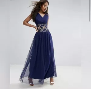 NEW Little Mistress Tall Navy Maxi Dress Embroidered Floral Waistband Size 8 - Picture 1 of 10