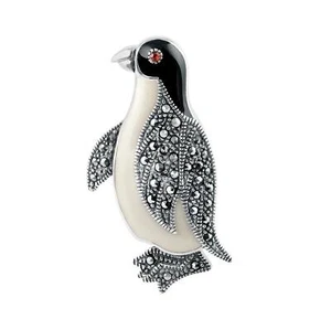 Penguin Pin Brooch Art Deco Style 925 Sterling Silver English Hallmarks Set - Picture 1 of 9