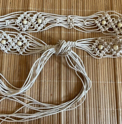 Ручной работы макраме бисером галстук ремень богемное бахрома хиппи фестиваль слоновой кости бежевый винтажный - Изображение 1 из 4