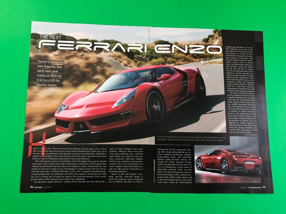 2012 2013 FERRARI ENZO LA FERRARI ORIGINAL VINTAGE PRINT AD ROAD TEST 2 PAGE - Image 1 of 1