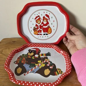 Set Of 2 Vintage Tin Small Christmas Trays  Candles Teddies Design - Picture 1 of 8