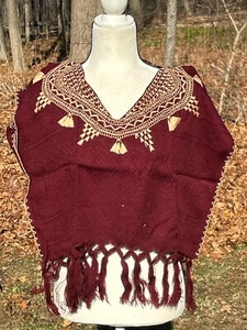 Mexican Huipil Rebozo Crop Top Bluse Shirt Fransen 24x16 Burgund Braun Hellbraun C03 - Bild 1 von 4