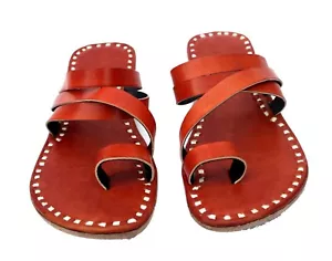Womens leather sandals flats slides shoes slippers handmade in India tan color - Picture 1 of 7