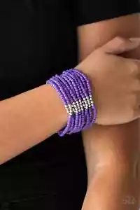 Brazalete elástico Paparazzi "Outback Odyssey" en capas plateado y púrpura con cuentas - Imagen 1 de 2