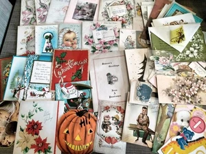 Vintage Konvolut 52 gemischte Grußkarten ~ 1940/50er Jahre gebraucht/unbenutzt Baby/Geburtstag/XMas - Bild 1 von 24