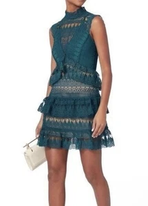 Minivestido autorretrato lágrima guipur encaje escalonado verde azulado turquesa EE. UU. 4 UK 8 - Imagen 1 de 14