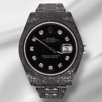 Rolex Men's Datejust 41mm Black Iced Out 10ct Diamonds Oyster Steel Watch 116300 - Image 1 of 4