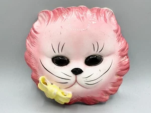 PIANTANA TASCABILE DA PARETE VINTAGE ROSA FACCIA DI GATTO CERAMICA KITSCH DECORAZIONE ASILO GIALLO - Foto 1 di 11