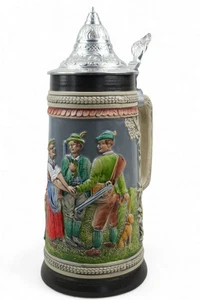 GROßER REICHLICH VERZIERTER BIERKRUG MIT ZINNDECKEL - GUTER ZUSTAND - 27 CM - Bild 1 von 5