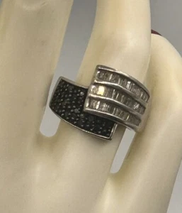 Sterling Silver 925 Diamond Black Cluster Bypass Pave Waterfall Ring Sz 6.75 - Picture 1 of 8