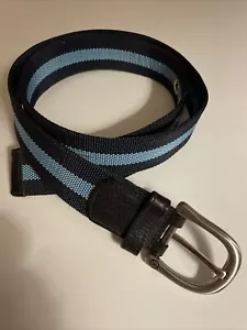 Cintura Cole Haan lunga 38” pollici tessuto a righe blu navy pelle azzurra ottone - Foto 1 di 10