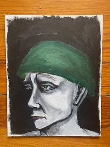 Contemporary Outsider Art Canvas Painting Portrait Green Hat Red Lips Strong Jaw - Picture 1 of 3
