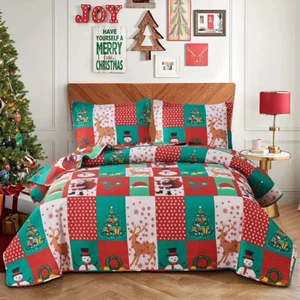 Red Green White Christmas Santa Quilts King Size Xmas Reindeer Snowmen Bedding C - Picture 1 of 7