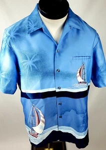 Camicia hawaiana vintage moda nave barca a vela isola L - Foto 1 di 5