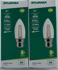 2 pack Sylvania LED Candle Filament Clear 4.5W = 40 Watt 2700K BC B22d 27280 - Picture 1 of 4