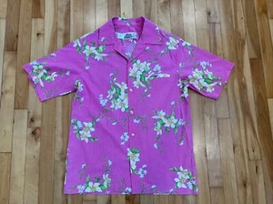 Vintage Hilo Hattie Sz L Hawaiian Button Up Shirt Pink Striped w/Hibiscus Flower - Picture 1 of 9