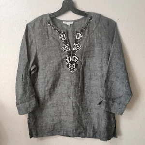 Túnica manga larga cuello dividido bordado lino talla 14 JM Collection para mujer 5353 - Imagen 1 de 9