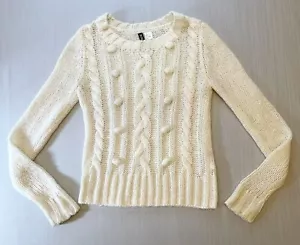 Divided By H&M Cream Sweater ~ Chunky Cable Knit & Pompom Size 6 - Picture 1 of 6
