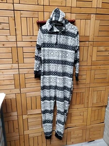 Old Navy Adult Large Union Suit Pajama Fleece 1 Pc Blue Snowflake Hooded Zip Up - Picture 1 of 8