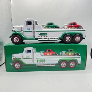 Hess Flatbed Truck with Hot Rods LED Lights Sounds Loading Ramp Wheelie Popping - Picture 1 of 14