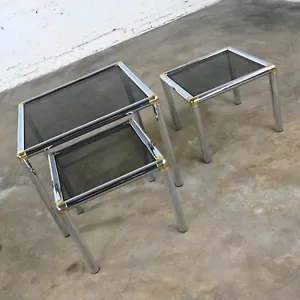 MCM bis Modern Röhren Chrom Messing Rauchglas Trio Cocktailtisch & Beistelltische - Bild 1 von 11
