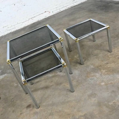 MCM to Modern Tubular Chrome Brass Smoke Glass Trio Cocktail Table & End Tables - Image 1 of 4