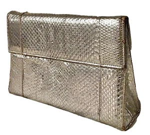 Vtg 60’s JOSEPH MAGNIN SILVER SNAKE-SKIN Standing Clutch / Frame Purse 8”x5”x2” - Picture 1 of 9