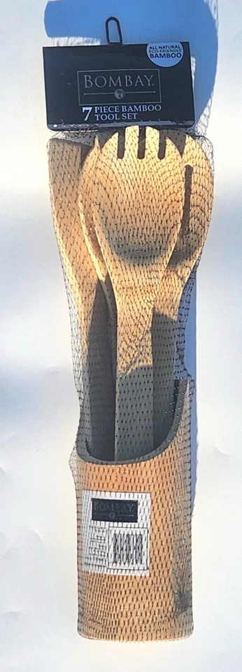 Bombay Natural 7 Piece Bamboo Wood Cooking Utensil Spatula Spoon Set & Holder.