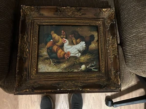 VINTAGE PRETTY FRAMED ROOSTER/HENS OIL PAINTING WITH FREE SHIPPING - Picture 1 of 12