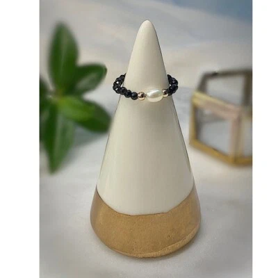 A++ Black Spinal & Peral Faceted Round Gemstone Beads Adjustable Rings For Girls - Image 1 of 4