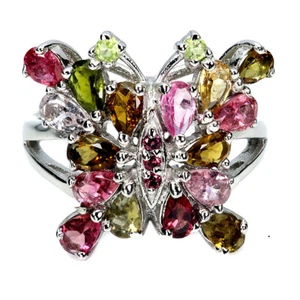 925 Sterlingsilber Ring Birne Turmalin Rhodolith Natürlicher Edelstein Schmuck - Bild 1 von 13