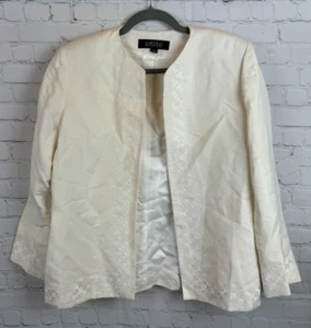 KASPER ivory white linen blend embroidered open front jacket blazer 12 NWOT - Picture 1 of 9