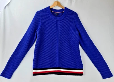 Tommy Hilfiger Wide Ribbed Fuzzy Knit Blue Sweater Striped Hem Sz L - Image 1 of 4