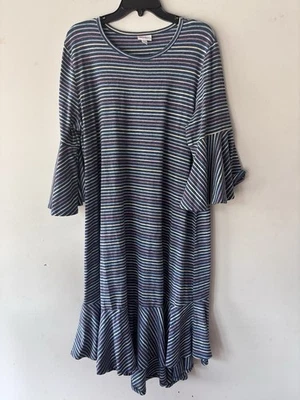Vestido LulaRoe Tejido Denim Color Multi Rayas Manga Campana Volantes 2X Foto 1 de 4