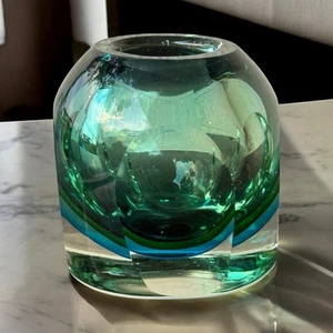 1960s Vintage Flavio Poli MCM Sommerso Green Blue Faceted Murano Art Glass Vase - Picture 1 of 4