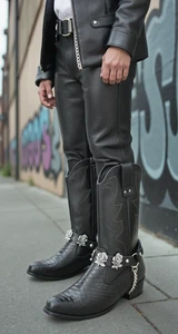 Paar Kette Damen Herren schwarz Farbe Kunstleder Schuhriemen Rose Blume Biker Stiefel - Bild 1 von 24