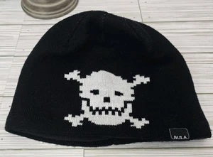 BULA Black Skull Cross Bones Beanie Knit Ski Winter Hat Fleece lined Skater - Picture 1 of 9