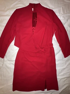 Jones New York Faux Wrap Dress Women Size 12 Red Lined Shoulder Pads Long Sleeve - Image 1 of 4