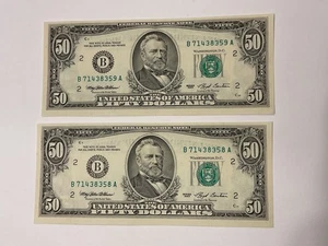 (2) Sequential Pair 1993 $50 Fifty Dollar Bills Ink Bleed EXCELLENT CONDITION - Picture 1 of 10