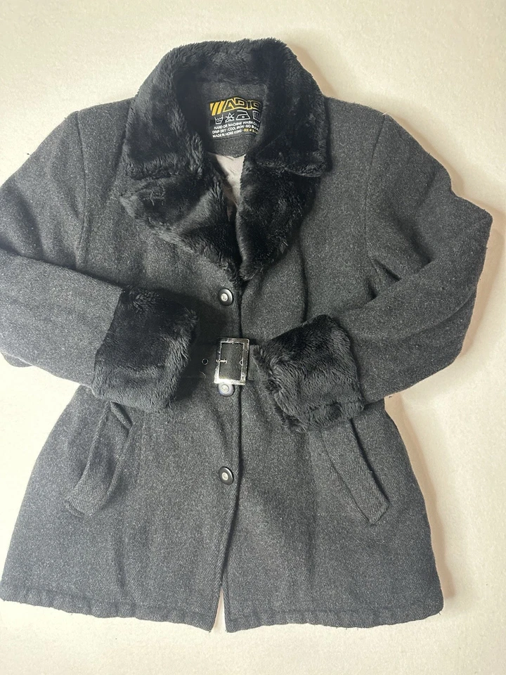 ADIO Y2K женщин уголь шерсти смесь пальто искусственного меха отделки подпоясанный куртка маленький - Изображение 1 из 4