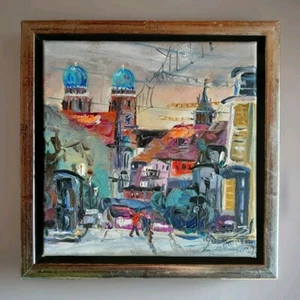 München 20 X 20 cm Leinwandbild gerahmt Bernhard Gerner Original Blau Braun Rot - Bild 1 von 10