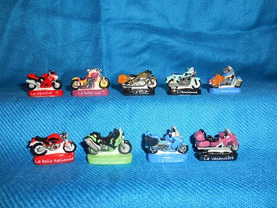 Minature Porcelain MOTORCYCLES Set 9 Mini Figurines FRENCH FEVES Colors CYCLES - Image 1 of 4