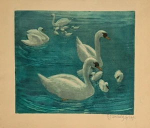 Max Julius Wunderlich, cisnes, xilografía a color - Imagen 1 de 5